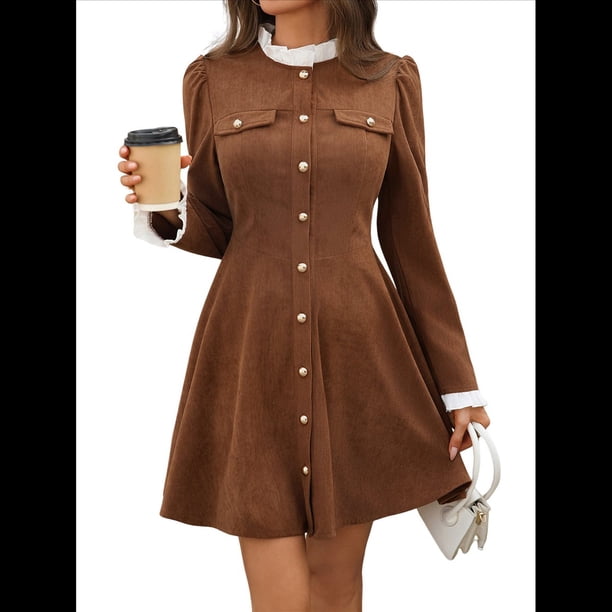 Vestido Vintage de para Mujer, con Volantes, Cuello Redondo, Larga, Corte A, Midi, Jersey con Botones, Conjunto de Otoño. Marrón M