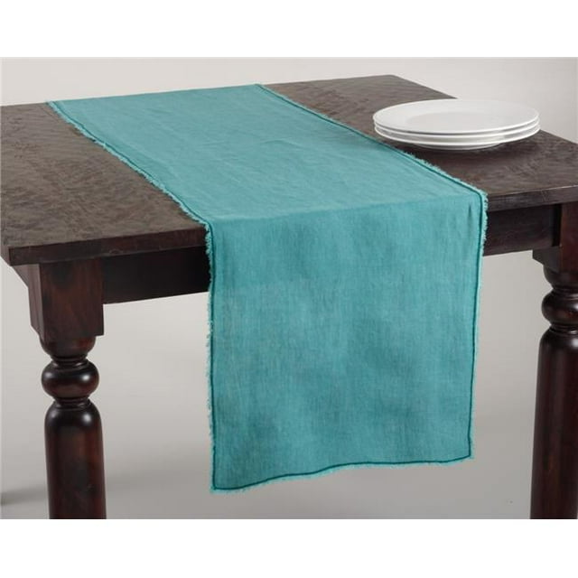 SARO 13009.SE1672B 16 x 72 in. Rectangular Fringed Design Stone Washed Linen Table Runner - Sea Green