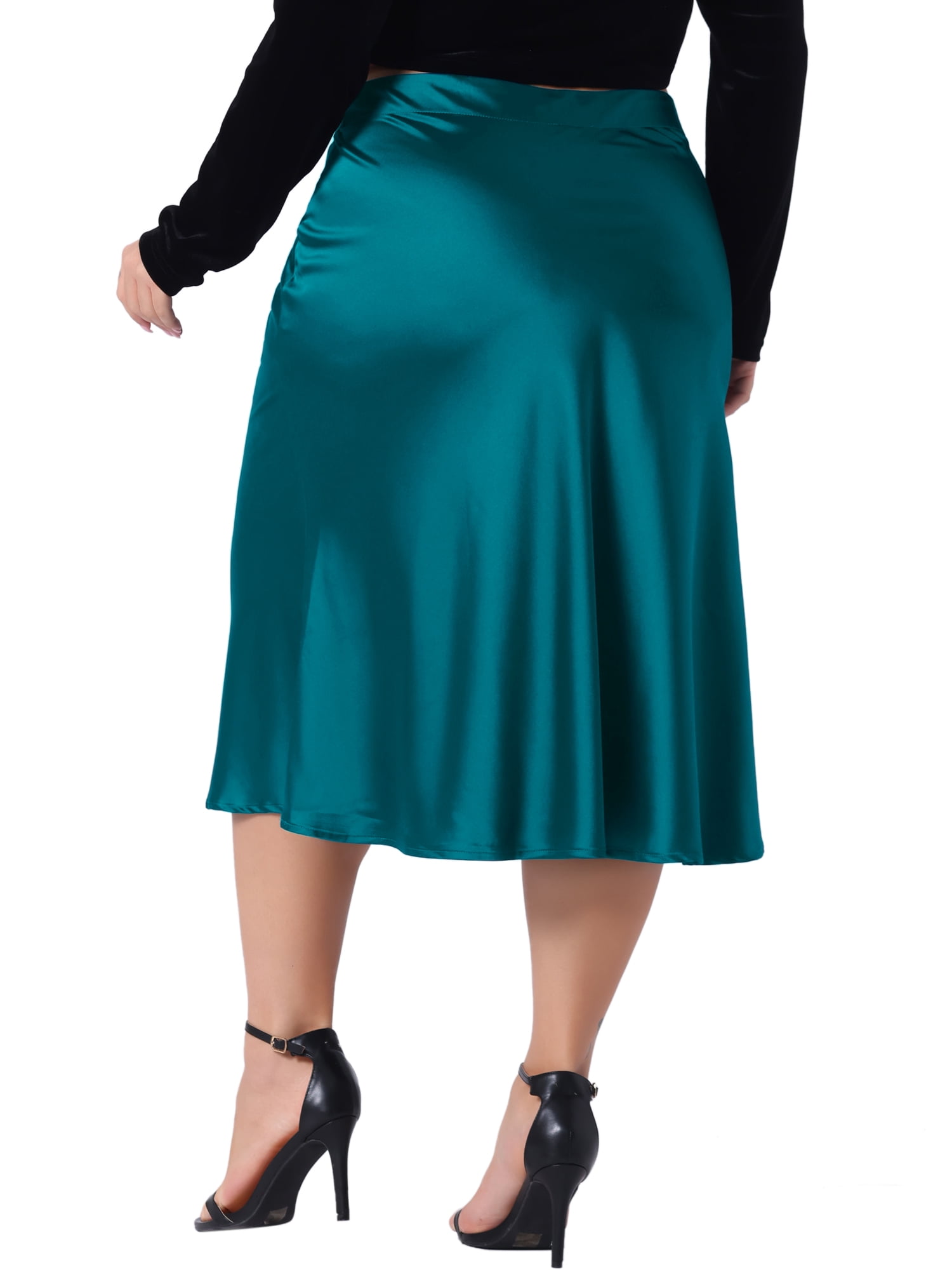 DARING DIVA Women's Plus Silky Satin Casual Midi Skirt Flared A Line 3X Peacock Blue