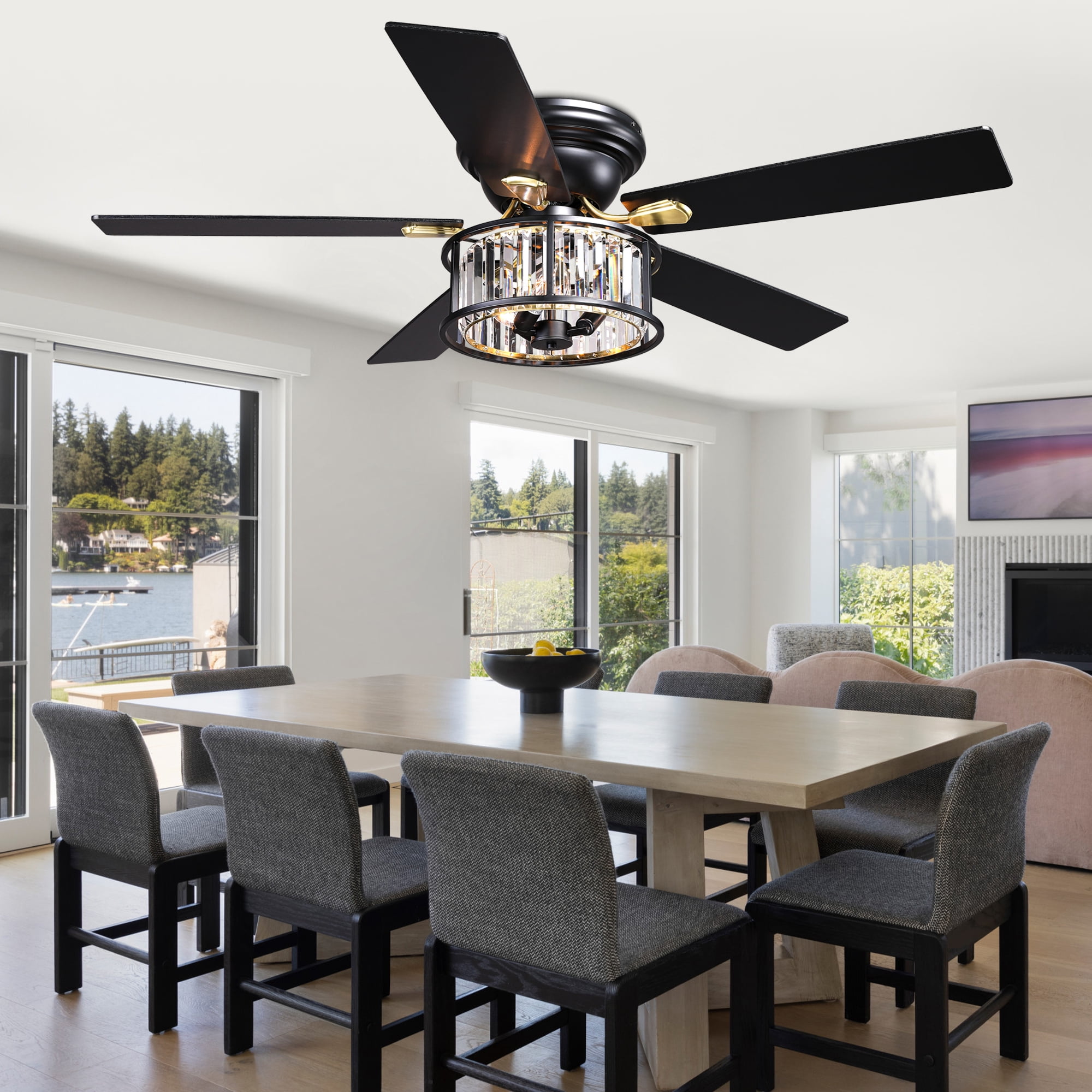 Chords Attic 52" Black Crystal Flush Mount Ceiling Fan with Light and Remote Control, Low Profile Fandelier Ceiling Fan with 6-Speed DC Motor for Living Room, Bedroom