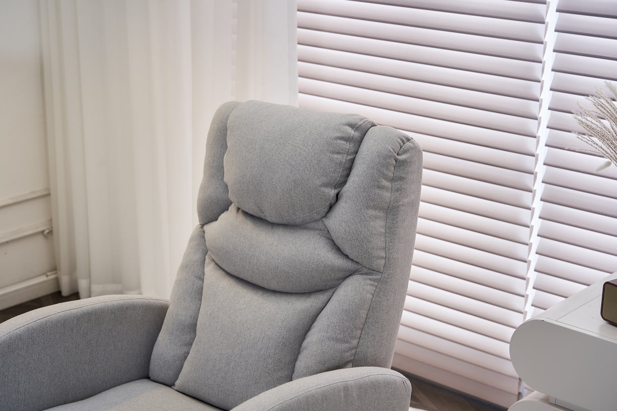 Glider Rocking Chair with Adjustable Footrest, Comfy Cotton Linen Upholstered Nursery Rocker Chair with Wood Legs Side Pocket, Accent Rocker Arm Chair Baby Bedroom, Living Room, Light Gray