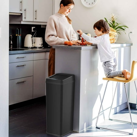 iTouchless 14 Gallon Sliding Lid Automatic Sensor Trash Can with AbsorbX Filter System, 52 Liter Black Steel Touchless Kitchen Garbage Bin