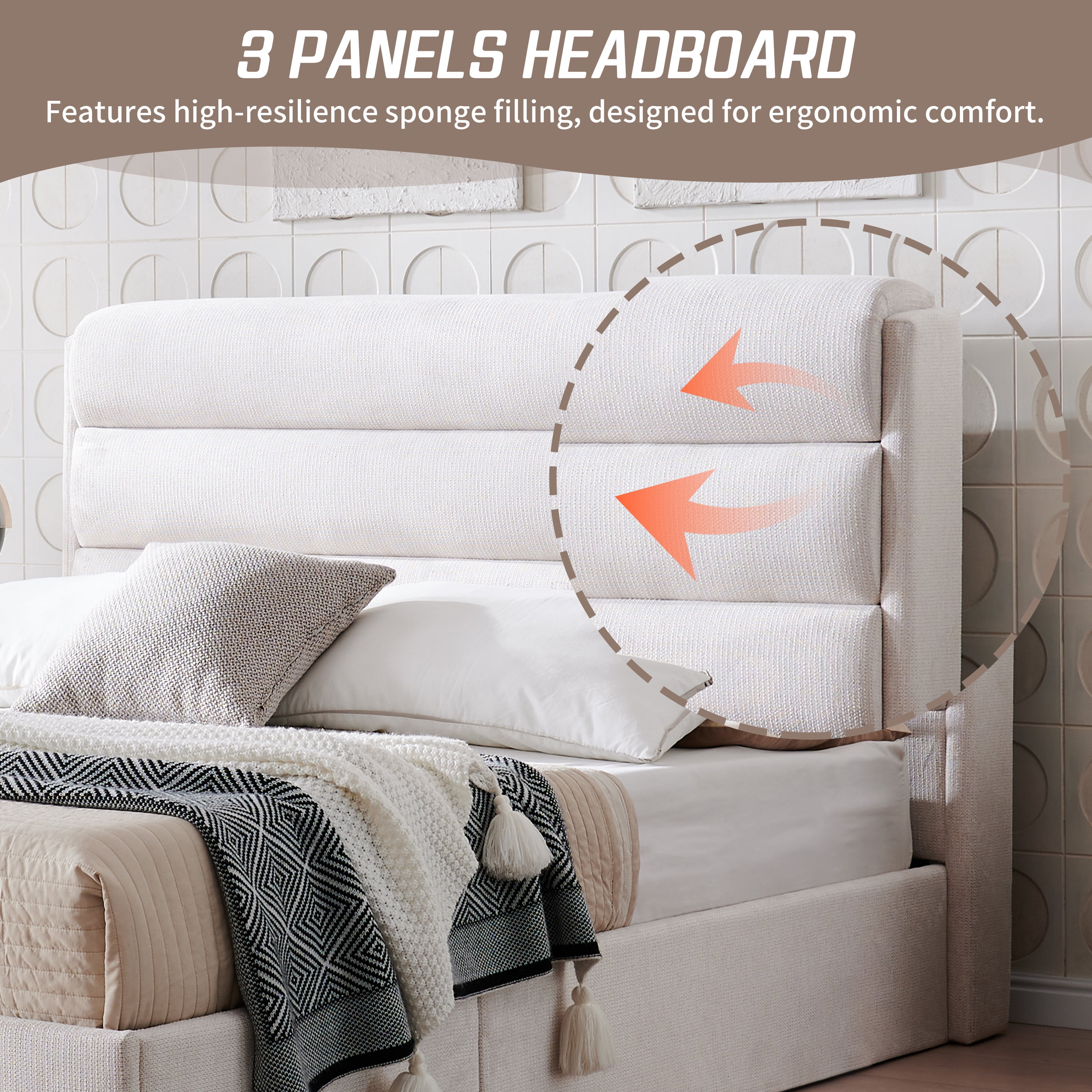 Queen Bed Frame with Lift up Storage, Wood Bed Frame with Headboard and Solid Wood Slats Support, Sturdy and Noiseless, Ivory