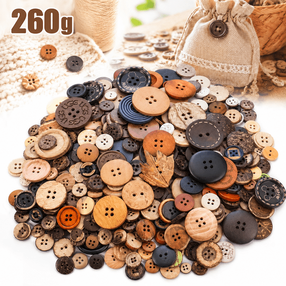 Deally Button for Craft, Mixed Assorted Wooden Button Coconut Shell Handmade Ornament for Sewing Decorations DIY Arts Crafts, 260g (200-300pcs)