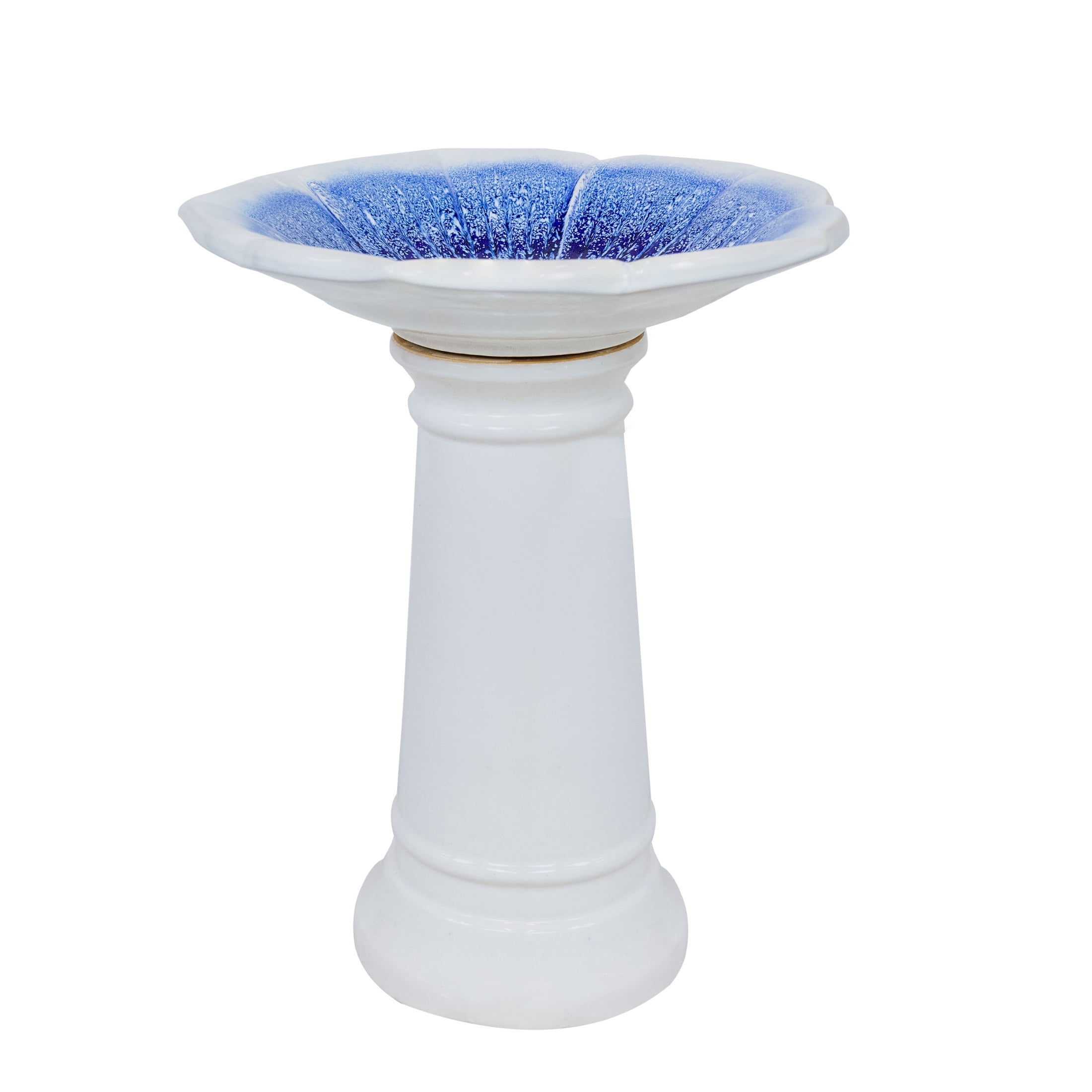 Sunnydaze Misty Blossom Freestanding Ceramic Outdoor Bird Bath, UV-Resistant White and Blue Finish