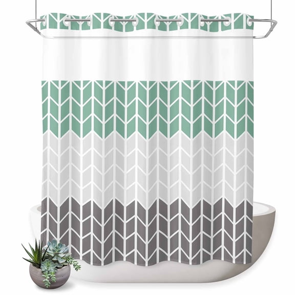 No Hook Shower Curtain Herringbone Pattern Shower Curtain for Bathroom Vintage Turquoise Ombre Grey Bath Curtains Waterproof Fabric with See Through Top Window for Spa Hotel 72x72 Inch