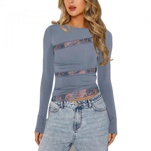Women's Vintage Long Sleeve Lace Tops, Y2K V-Neck, Button Tee, 90s