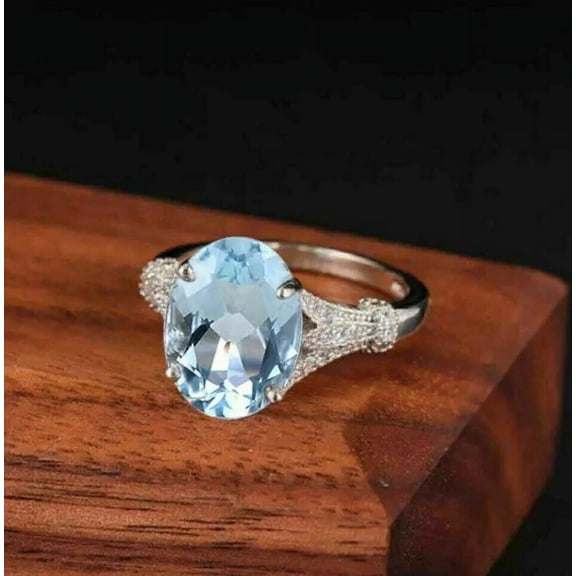 925 Silver 2Ct Oval Lab-Created Aquamarine Diamond Women Wedding Ring 14K White Gold Plated