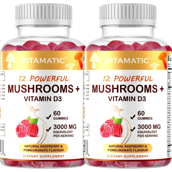 Vitamatic Mushroom Complex with D3, 60 Pectin Based Gummies, 3000 mg Equivalent Per Serving, (Pack of 2)