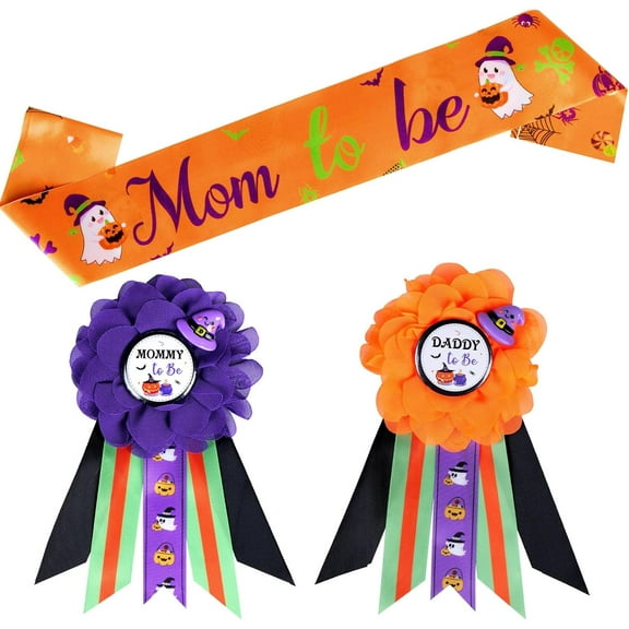 Halloween Baby Shower Decorations, Halloween Baby Shower Maternity Sash Orange Purple Mom Daddy To Be Pins Mom Dad To Be Sash for Halloween Baby Shower Gender Reveal Party Decorations
