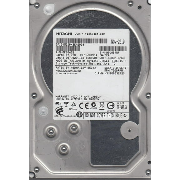 HUA722020ALA330, PN 0F10452, MLC JPK3EA, Hitachi 2TB SATA 3.5 Hard Drive