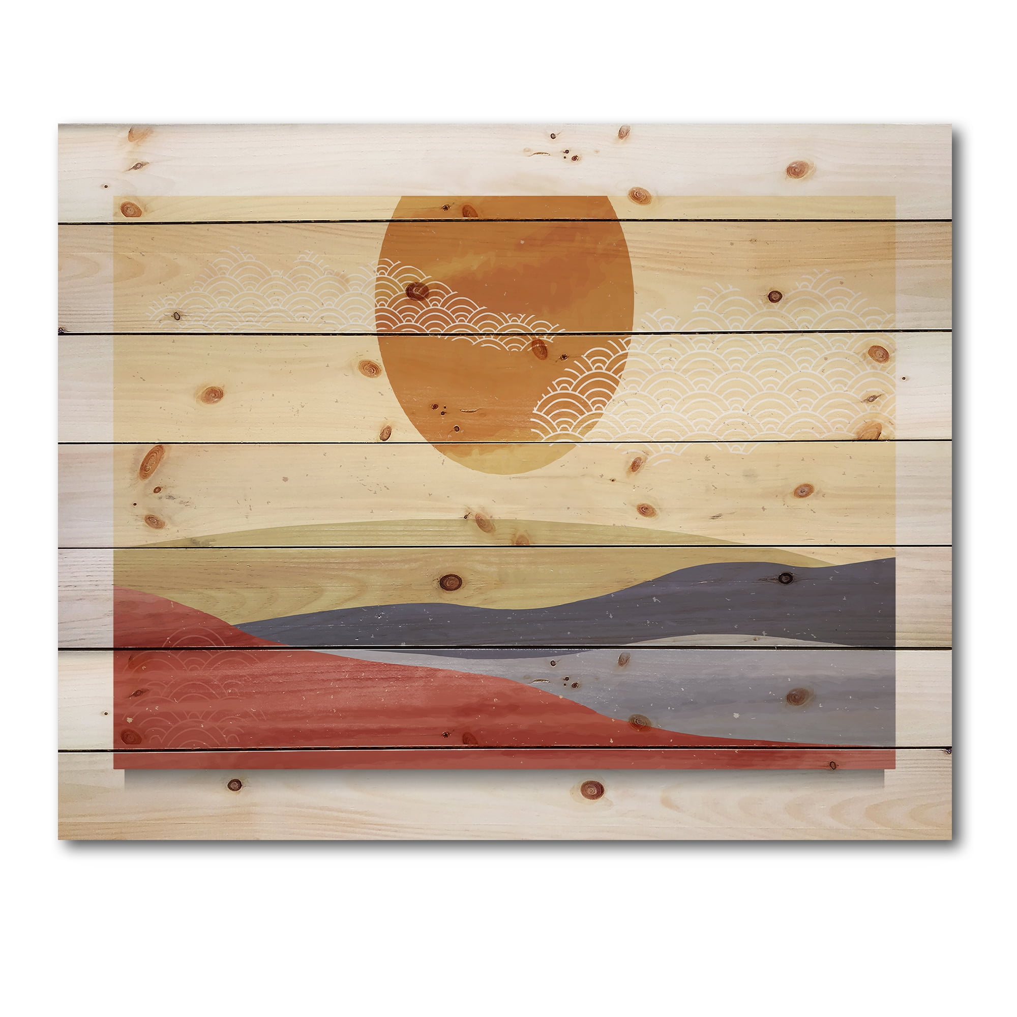 Designart 'Abstract Minimalistis Landscape Mountain & Moon' Modern Print on Natural Pine Wood