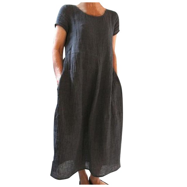 Kcodviy Robe Maxi d'Été Confortable et Ample pour Femme, Couleur Unie, Manches Courtes, Petite, Robes d'Été Longues
