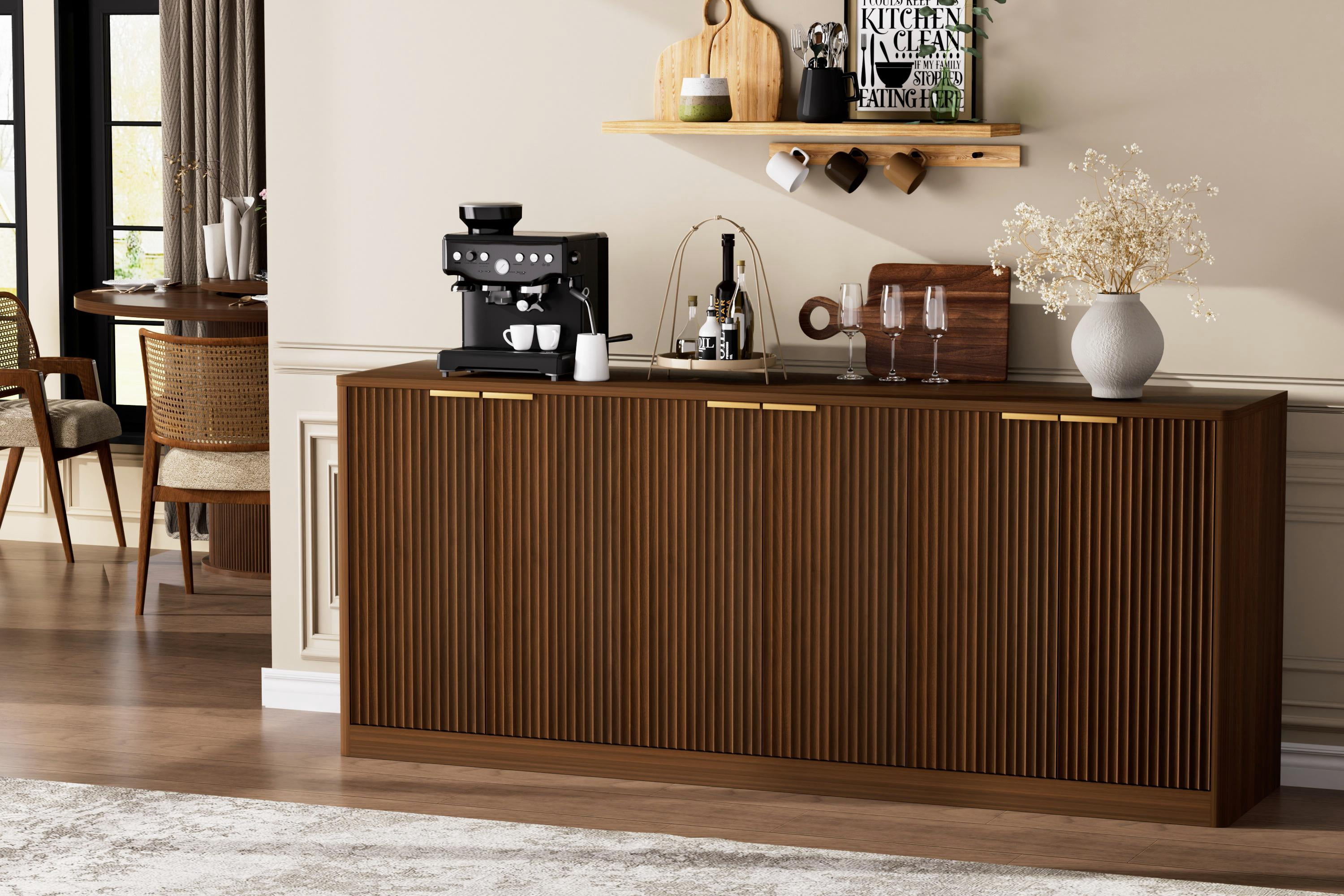 PORKISS Modern TV Cabinet for 75" TV, Wood Media Console Cabinet with Storage, Fluted Entertainment Center for Living Room, Walnut