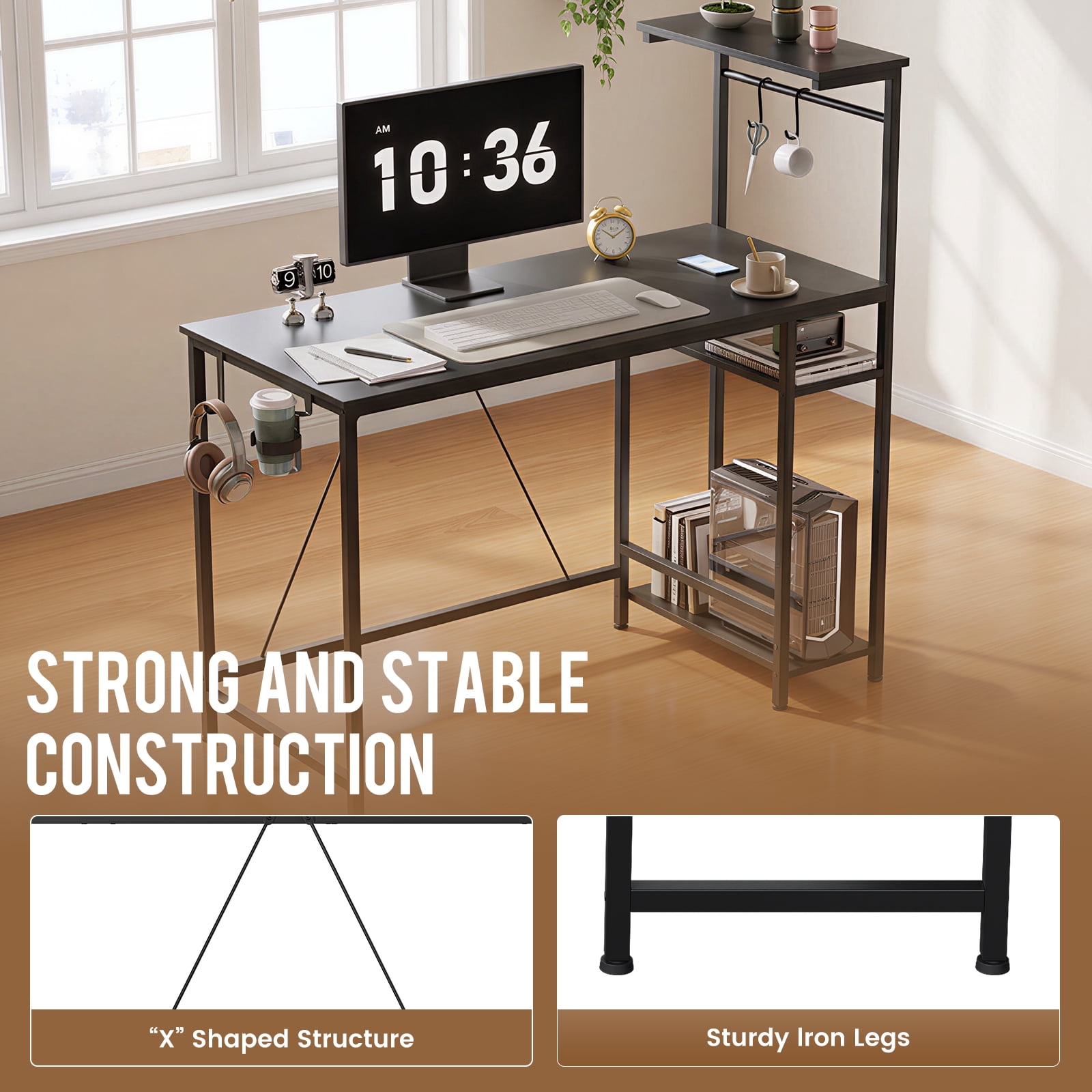 CLOUDREST PRO 44-Inch Computer Desk with LED Lights and 4-Tier Storage Shelves, Black