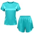 thumbnail image 6 of IROINNID Women's Satin 2 Piece Pajama Set,Ruffle Short Sleeve Round Neck Top,Adjustable Drawstring Side Slit Shorts,Breathable Cool Solid Sleepwear for Summer Casual Home Wear, 6 of 6