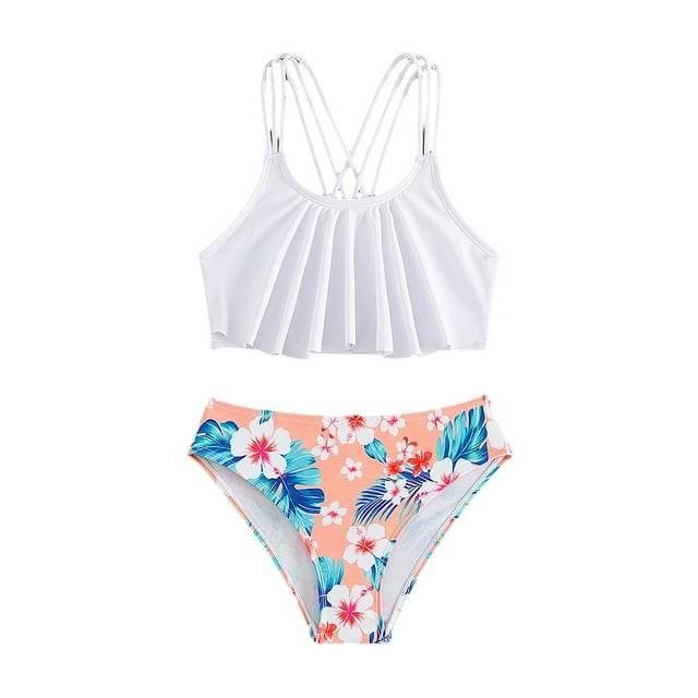 Qudderr 7-14T Girls Swimsuit Summer Ruffles Printed Two Pieces Bikini Set Spaghetti Strap Swimwear Bathing Suits Outfit for Teen Kids
