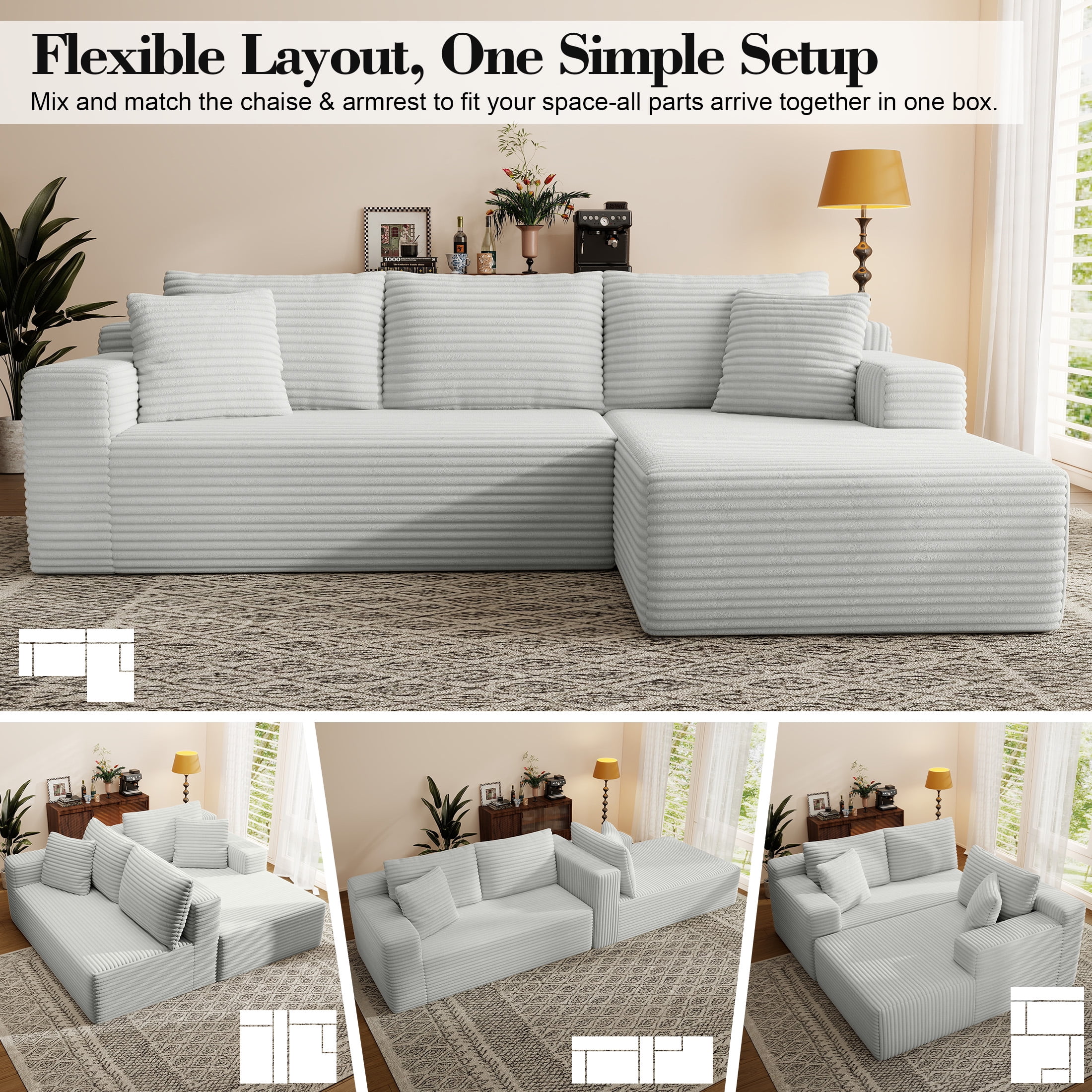 AENKYO Modular Sectional Couch with L-Shape Chaise — Modern Living Room Sofa, Gray, Right-Facing, No Assembly