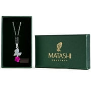 Rhodium Plated Necklace with Butterfly Alighting on a Flower Design with a 16" Extendable Chain and High Quality Amaranth Crystals by Matashi