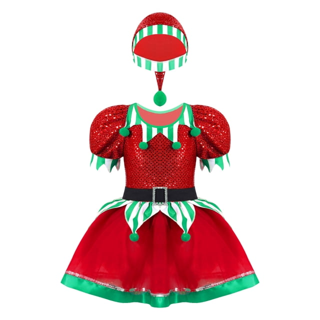 iiniim Robe de Noël Elf pour Filles Enfants Paillettes Brillantes Robe Tutu de Danse de Noël Robe de Vacances Rouge 14