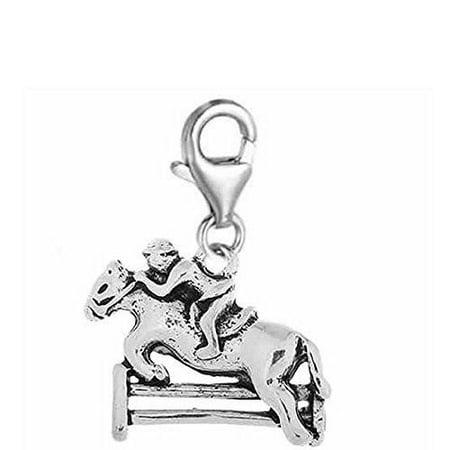 Horse Charm Jewelry - Jockey on Horse Jumping Over Fence Clip on Charm Jewelry with Lobster Clasp