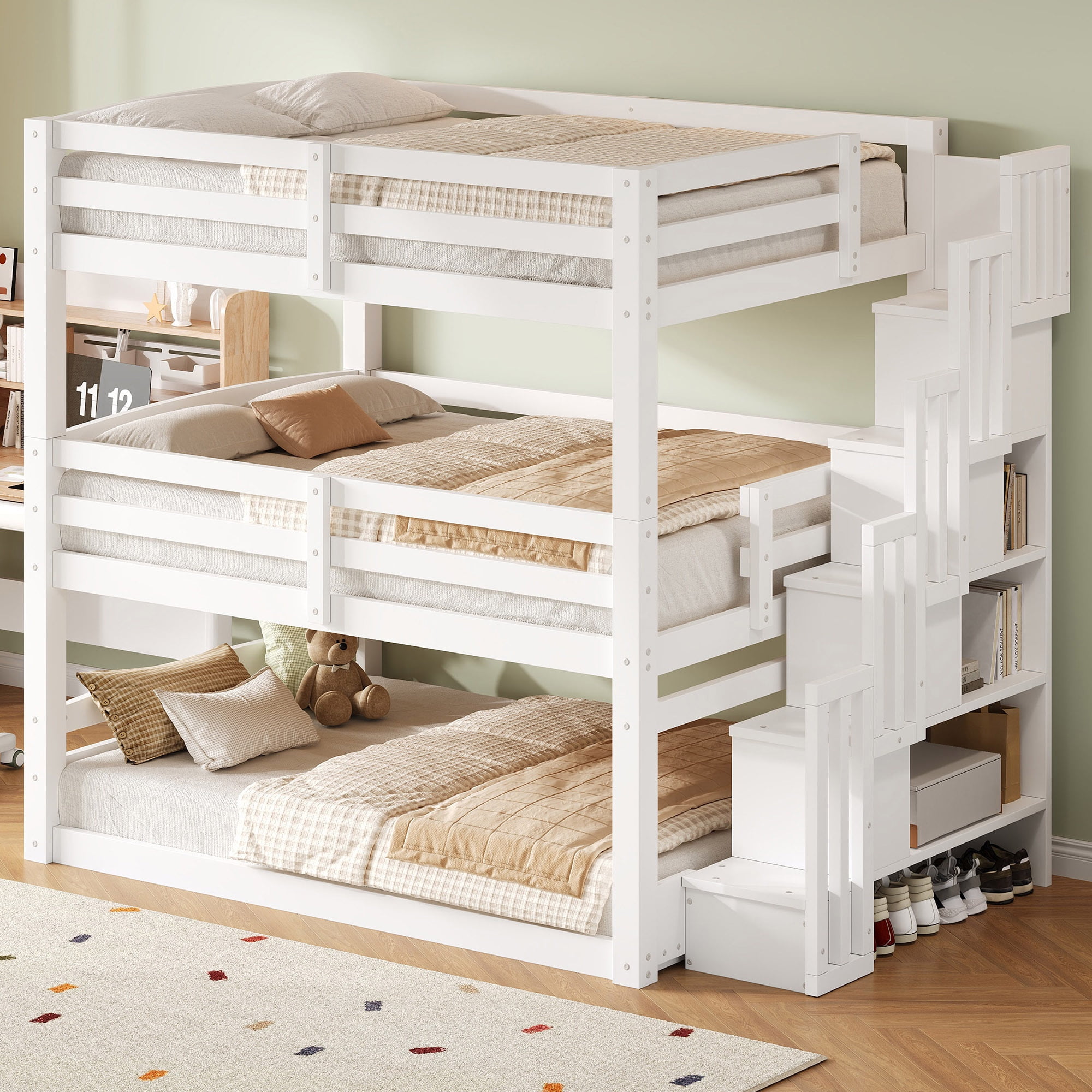 Euroco Full Size Triple Bunk Bed with Storage Staircase, White