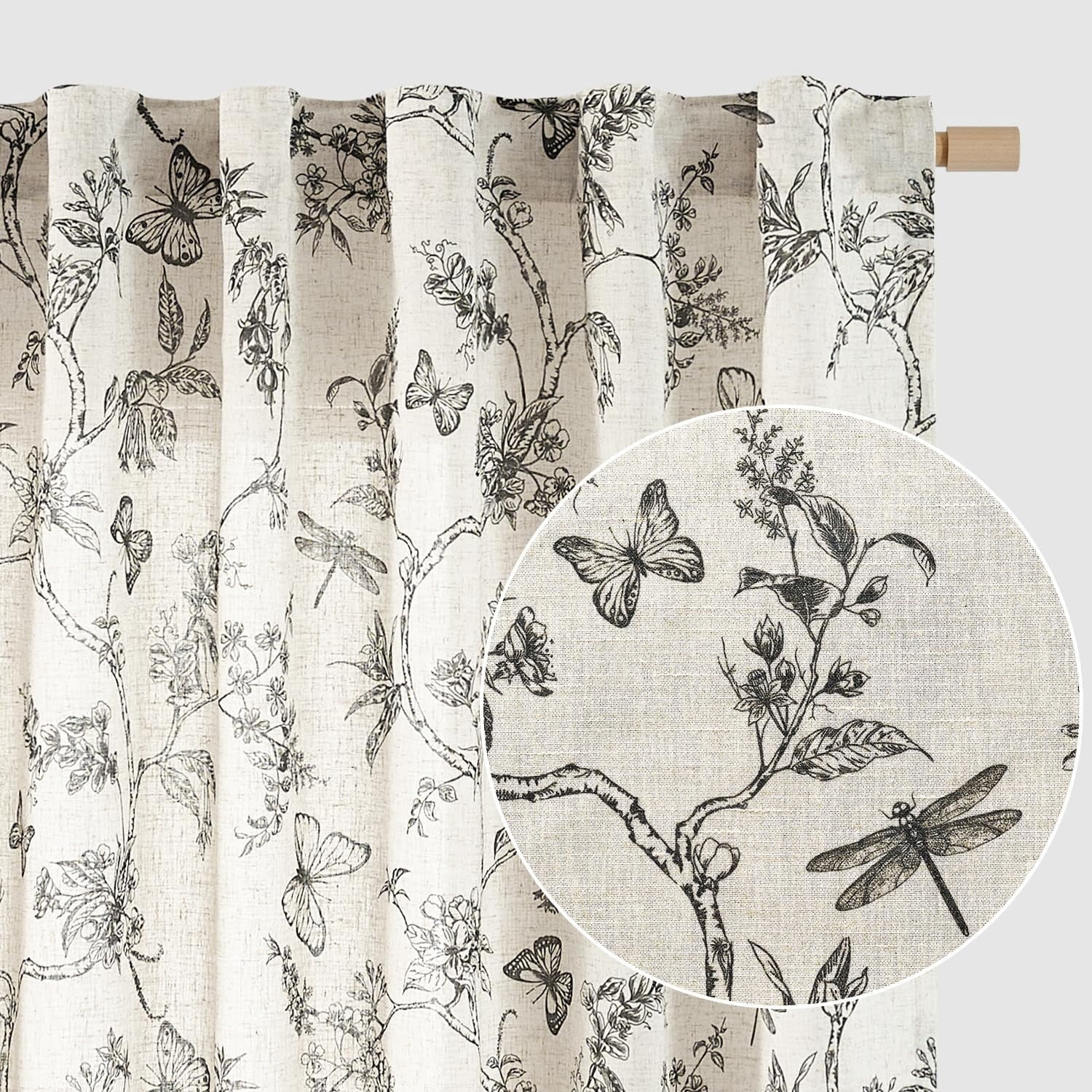 Black Floral Curtains 84 Inch Length Linen Farmhouse Curtain Back Tab Drapes for Living Room Bedroom Light Filtering Vintage Rod Pocket Curtains, 2 Panels, Black on Beige