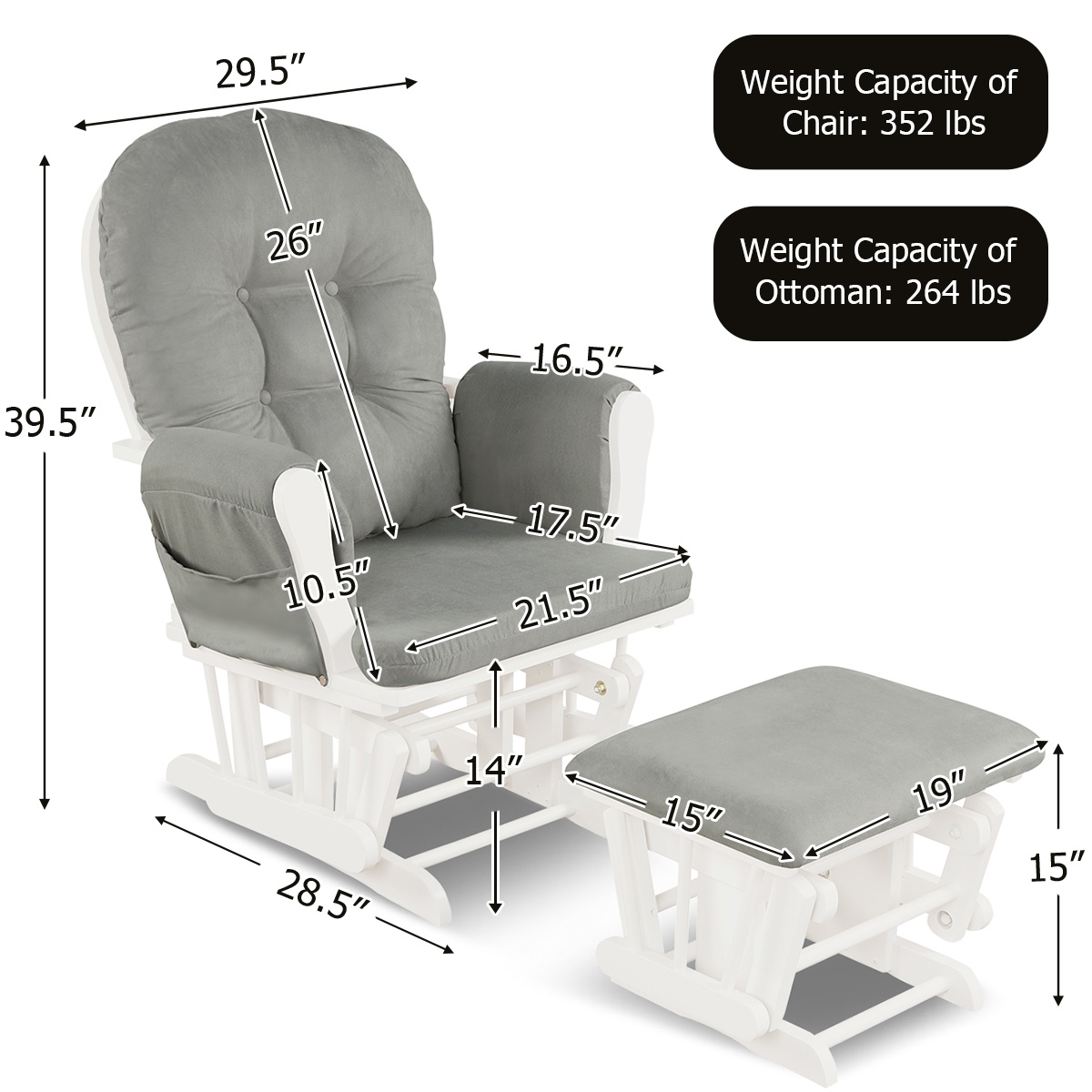 Infans Glider & Ottoman Cushion Set Wood Baby Nursery Rocking Chair Light Grey