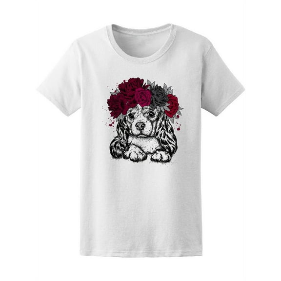 Head Wreath Of Roses Spaniel Dog T-Shirt Women -Image by Shutterstock, Female Large