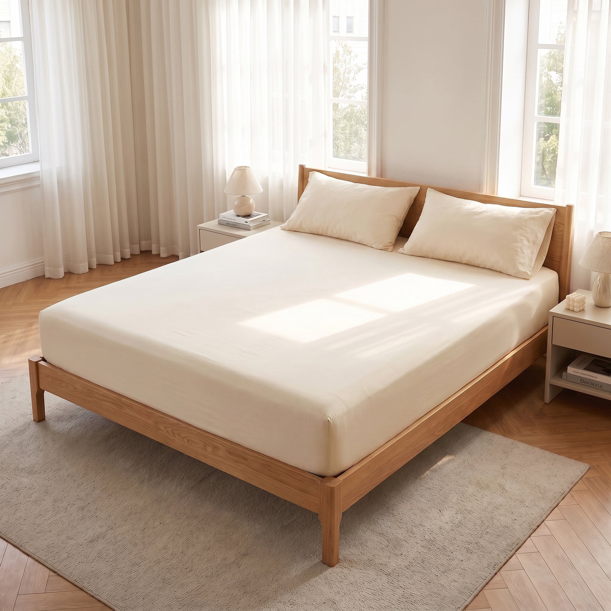 Unique Bargains Fitted Polyester Bed Sheets Comfortable Bedding Creamy White 39"x74.8"