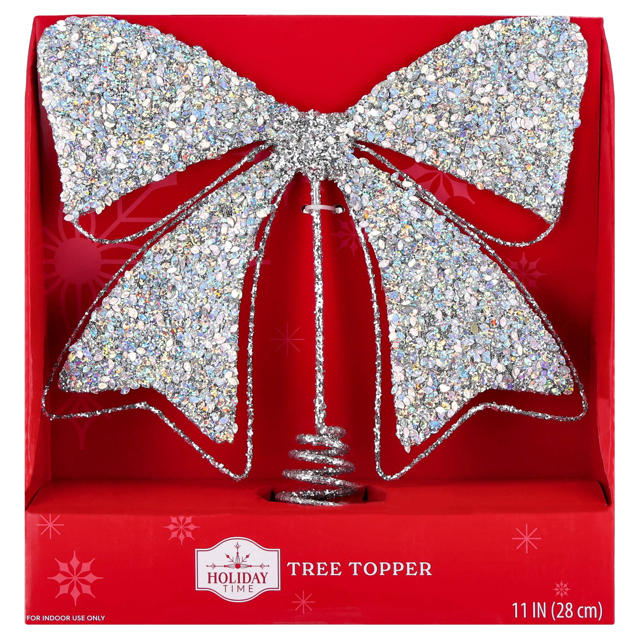 Metal Chunky Glitter Bow Christmas Tree Topper, Silver, 11", by Holiday Time