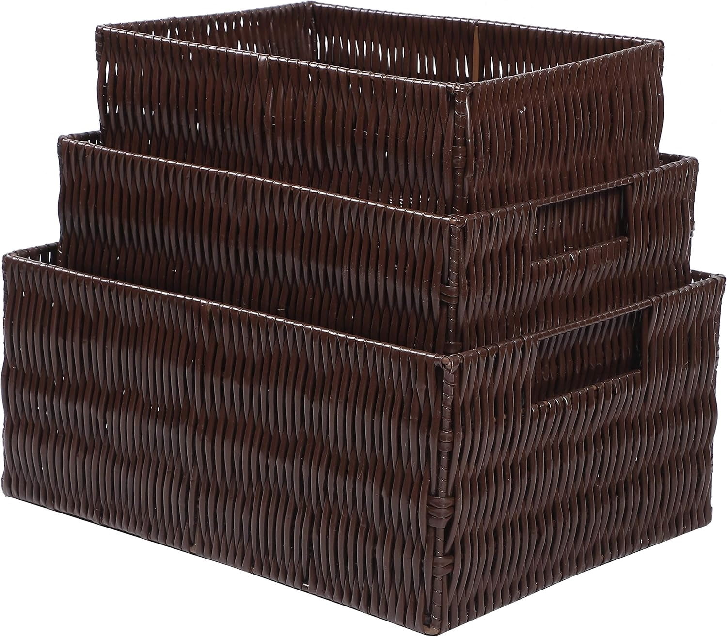 Elevon 3-Pack Handmade Waterproof Woven Wicker Storage Baskets with Skeletonized Handles, Brown, (1 Set)