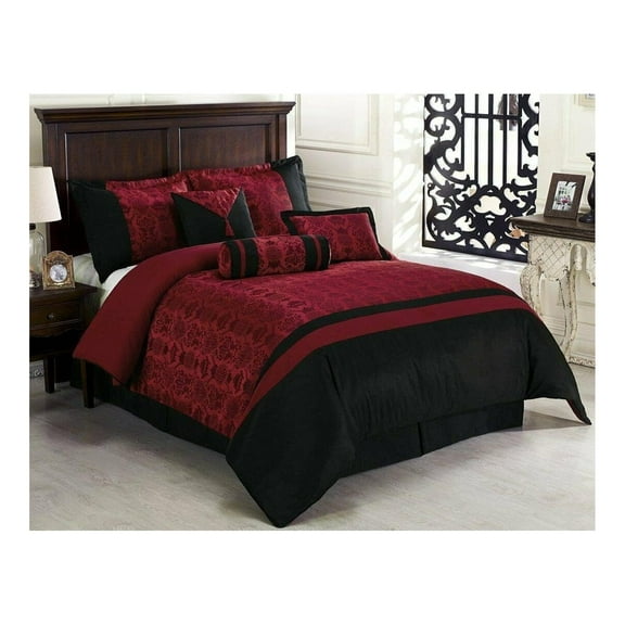 Dynasty Black Red Jacquard 7-Piece Comforter Set, California King Black/Red