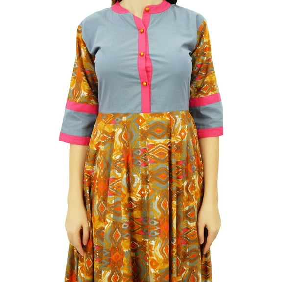 Bimba Women's Long Printed Cotton Anarkali Kurta Kurti Indian Ethnic Bollywood Dress Clothing, Multicolor, 4