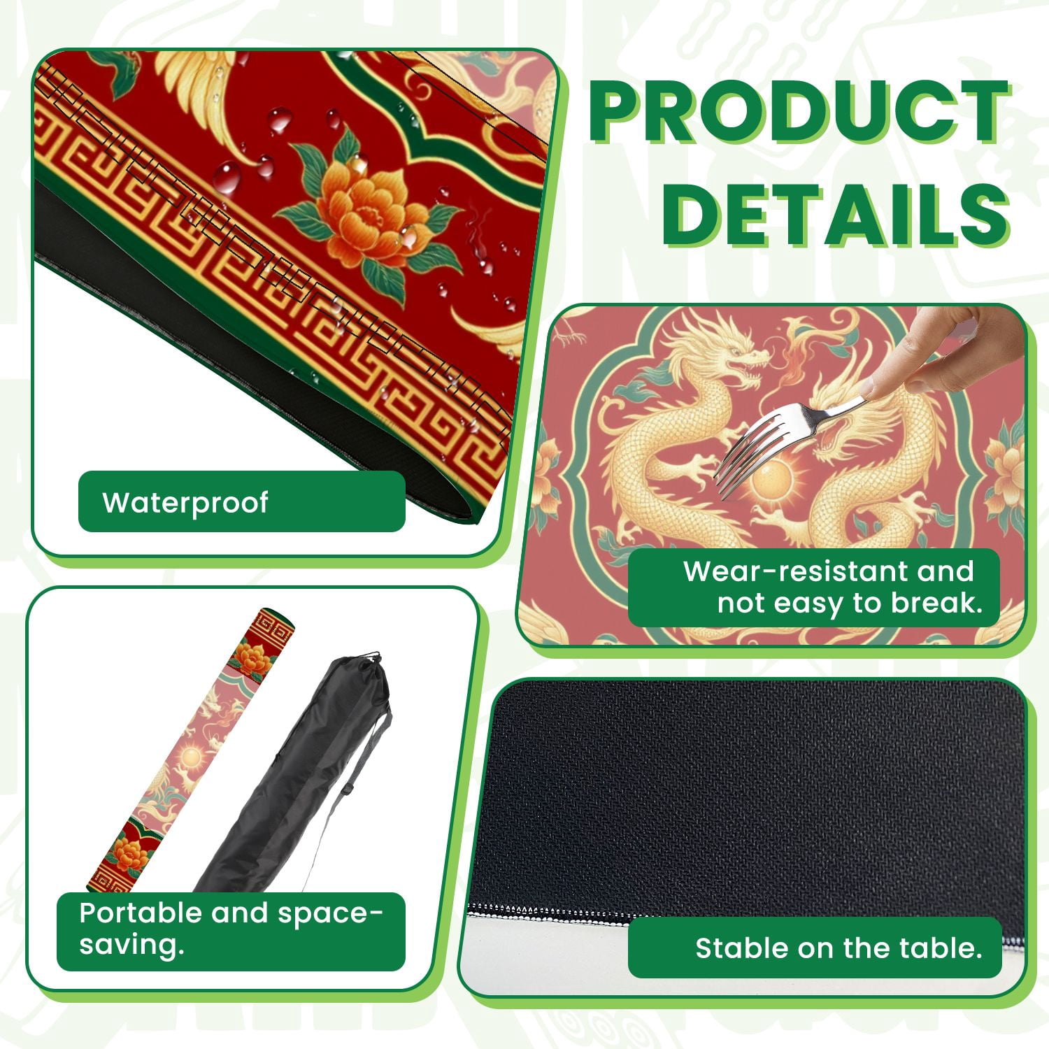 Mahjong Mat 31.5" x 31.5" Golden Chinese Dragons Birds Floral Red Non-Slip Noise Reduction American Mahjong Tiles Table Cover for Dominoes Poker Card Board Games Gift