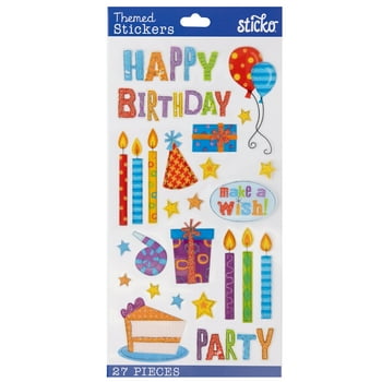 Sticko Solid Classic Birthday Party Themed Multicolor Plastic Stickers, 27 Pieces