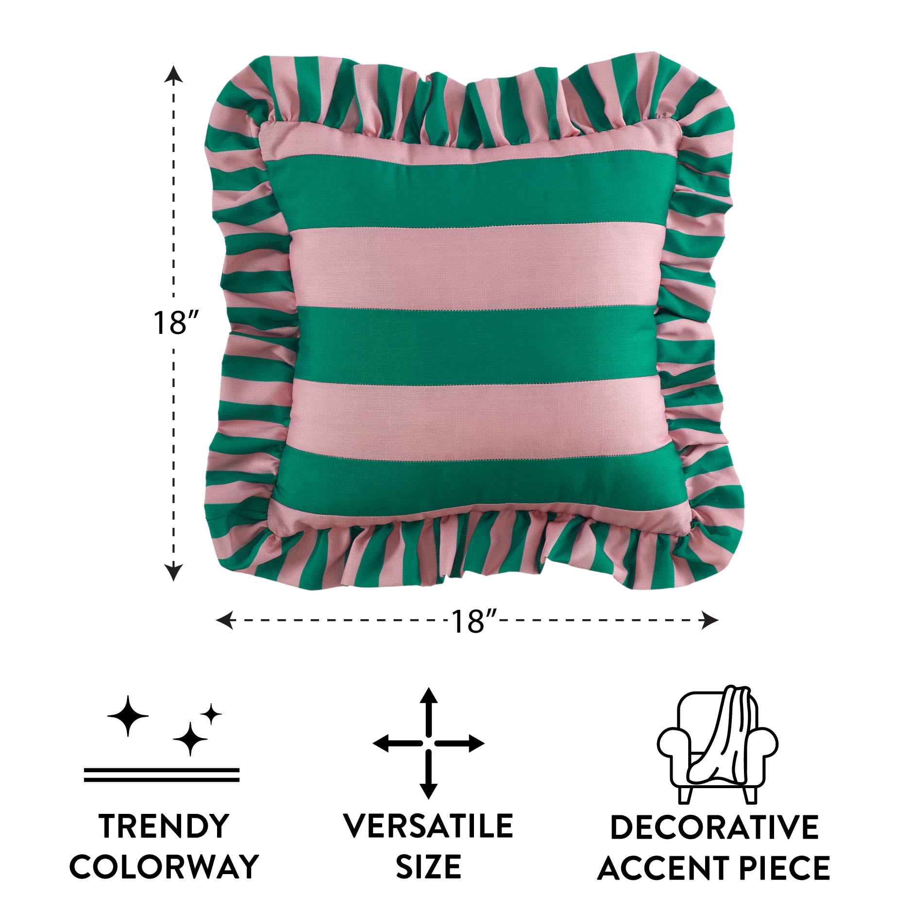 Mainstays 18" x 18" Pink and Green Ruffle Striped Pillow