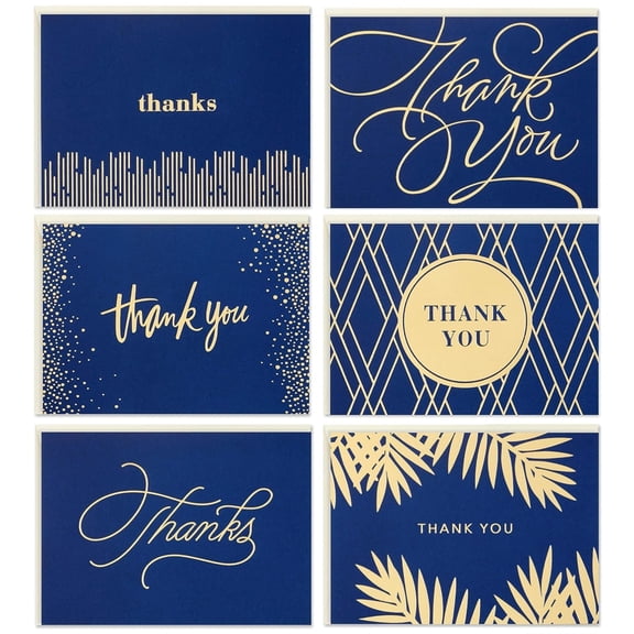 Premium Thank You Cards Bulk with Envelopes, 120 Gold, Navy Cards, 6 Elegant Designs for Wedding