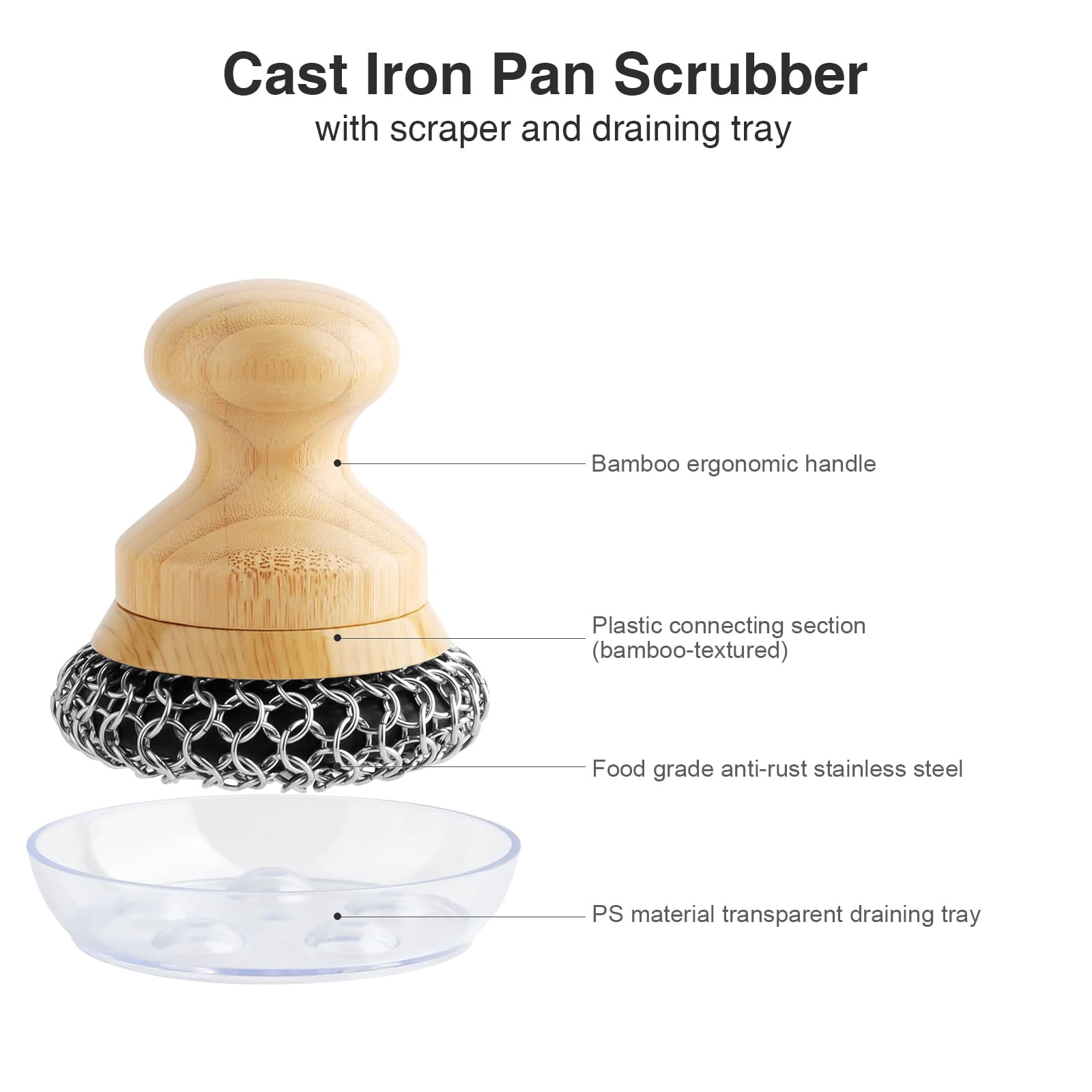 Cast Iron Scrubber and Scraper,Chain Mail Cleaner with Bamboo Handle & Draining Tray,316 Stainless Steel Brush for Cleaning Pots,Pans,Wok,Bakeware,Griddles, Grills,Dishes (Small Chain Mail)