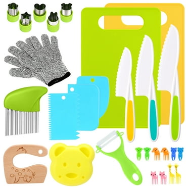 sixwipe Kids Knife Set for Real Cooking, Kitchen Tools for Toddlers 3 -10 Year Old Boys Girls, Toddler Safe Knife Set   with Gloves Cutting Board Fruit Vegetable Crinkle Cutters