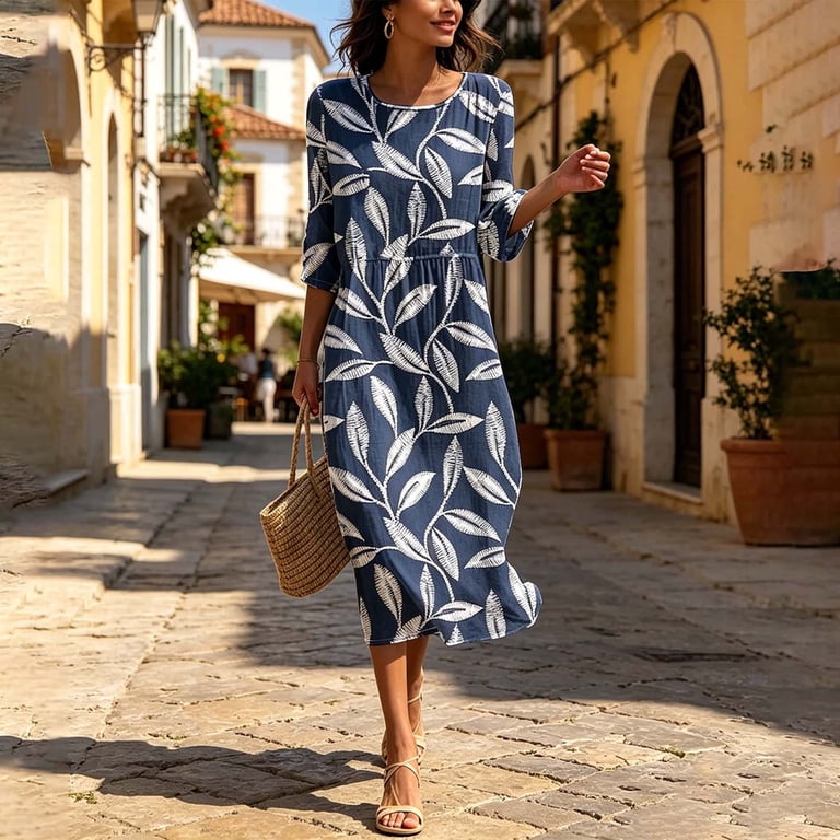 casual 3 4 sleeve midi dresses 3/4 Sleeve Midi Dresses for Women Fashion Pleated Dress Casual Plus Size Dress