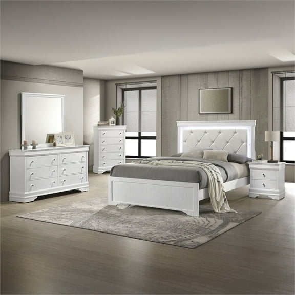 Blaze Modern Style Twin 5PC bedroom set made with Wood & LED Headboard in White