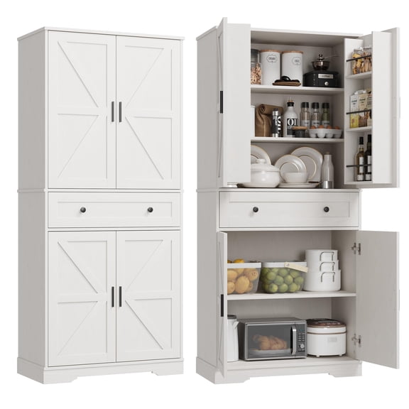 GOCAPTAIN 71-Inch Freestanding Pantry Cabinet with Sliding Barn Door, Drawer, Storage Rack and 6 Shelves, Multi-Functional Buffet Cabinet for Kitchen or Living Room, White
