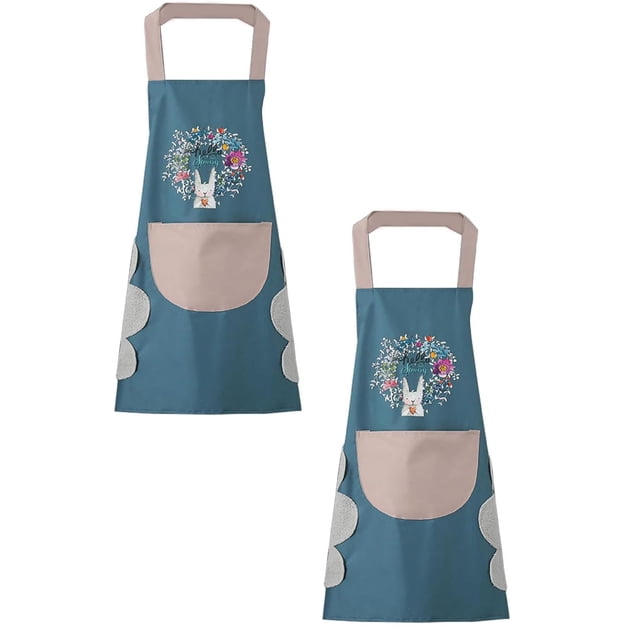 Oleegame 2PC Pretty Apron Women Kitchen Apron With Hand Wipe Pockets For Cooking Baking Wipeable Oil Proof Cartoon Wreath Rabbit Kitchen Nail Shop Apron Blue