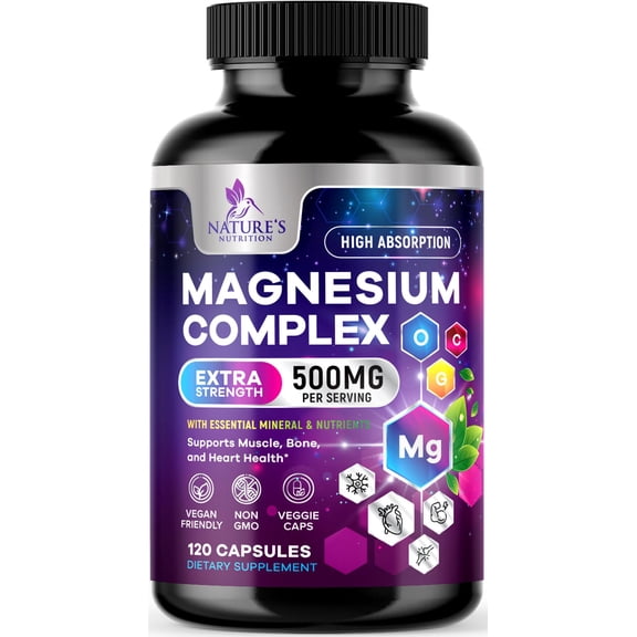 Magnesium Complex Supplement - Magnesium 500 mg Per Serving - 4 in 1 High Absorption Blend - 100% Chelated Magnesium Glycinate with Malate, Citrate & Oxide - Vegan Complex - USA Bottled, 120 Capsules