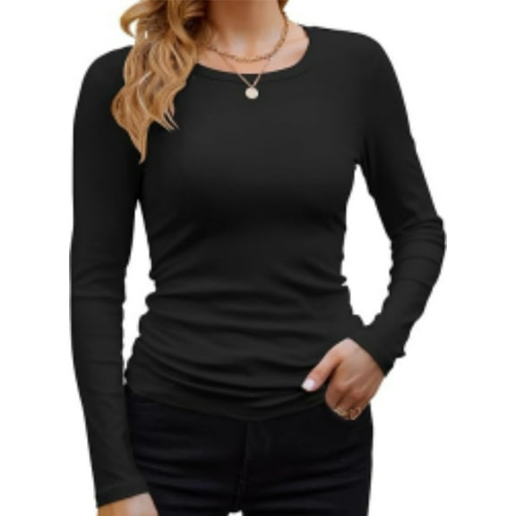 Womens Long Sleeve Stretch Crewneck Ribbed T-Shirt Slim Fit Casual Basic Tops