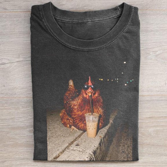 Chicken Drinking Iced Coffee Shirt, Funny T-Shirt, Cursed Image Graphic Tee, Trendy Dank Shirt, Animal Lover Gift