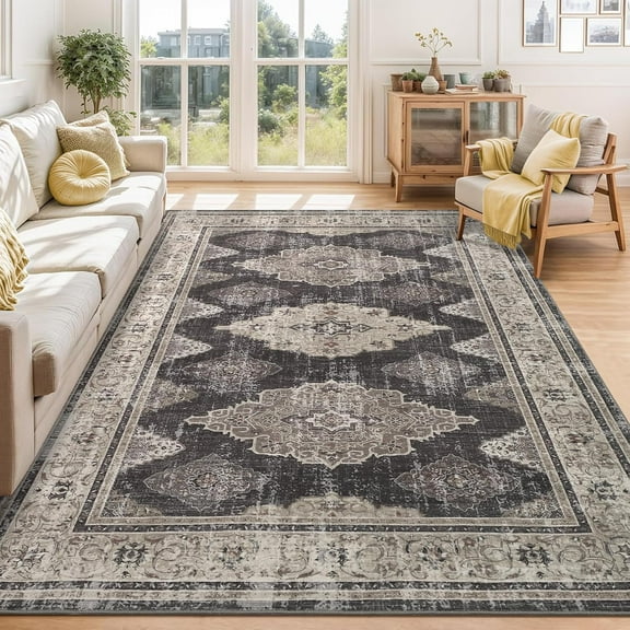 Area Rug 5x7 Washable Soft Vintage Large Rug Retro Foldable Low Pile Indoor Floor Carpet Farmhouse Non-Slip Throw Rugs Dining Room Taupe Multi