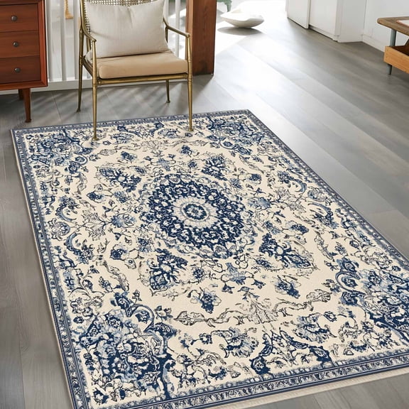 Vintage Farm 3x5 Rug for Bedroom Foot of Bed Small Living Room, Blue Flowers Bohemian Style Farmhouse Washable Non Slip Rectangle Area Rug
