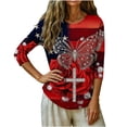 thumbnail image 5 of Uootdi 4th of July Tops for Women Rose Butterfly Cross Print 3/4 Sleeve Casual Loose Fit Lightweight Tees Gift, 5 of 7